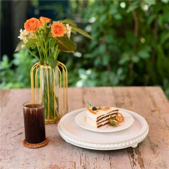 White round wood tray distressed beaded farmhouse decor coffee table accent - Picture 5 of 8